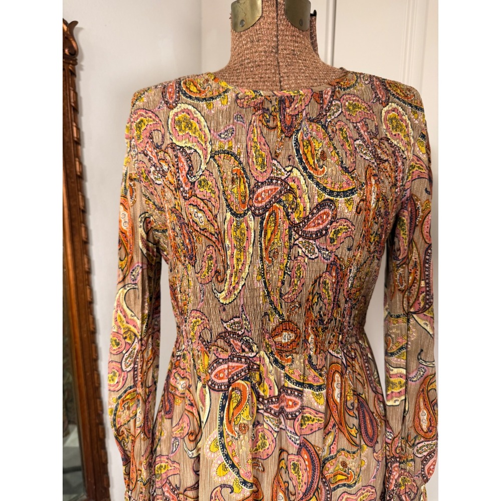 Rusttydustty Womens Paisley Smocked Tiered Midi Dress Long Sleeve Brown Boho L - Picture 2 of 8